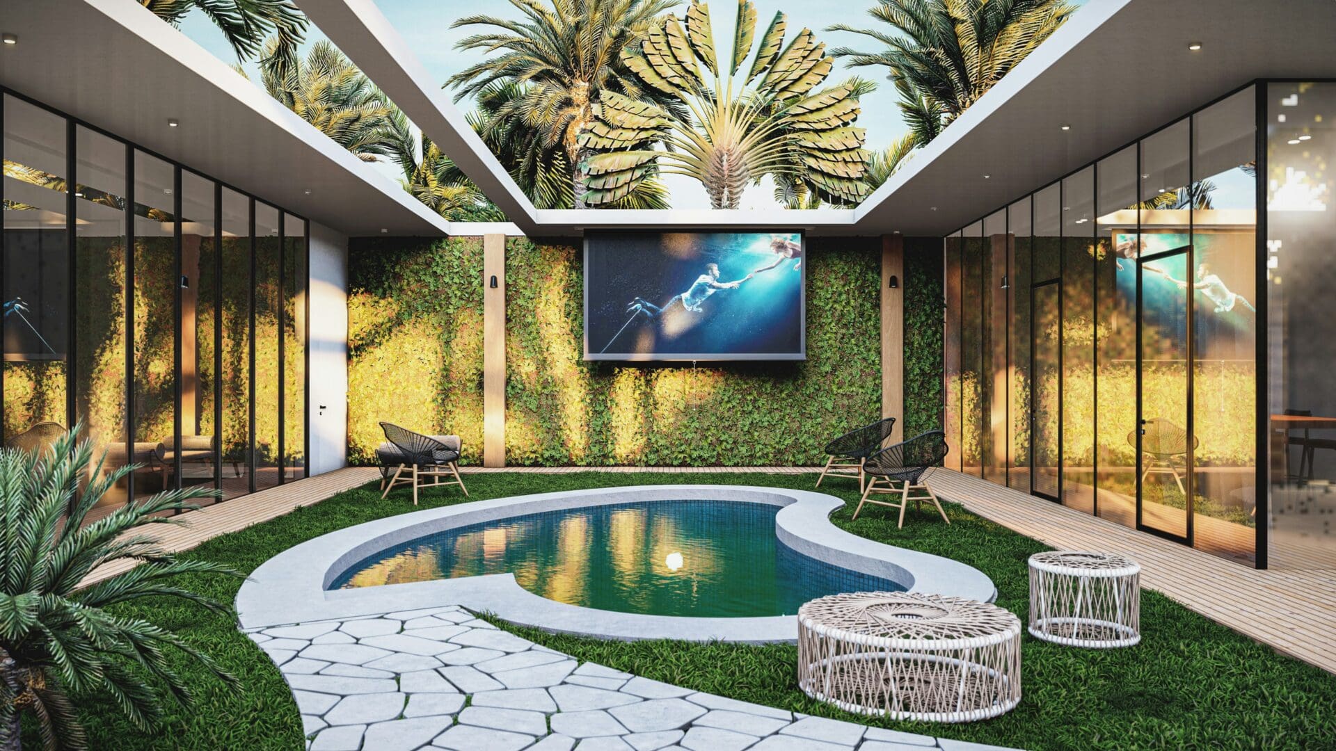 Modern outdoor living space with a pool, surrounded by lush vertical gardens and chic furniture.